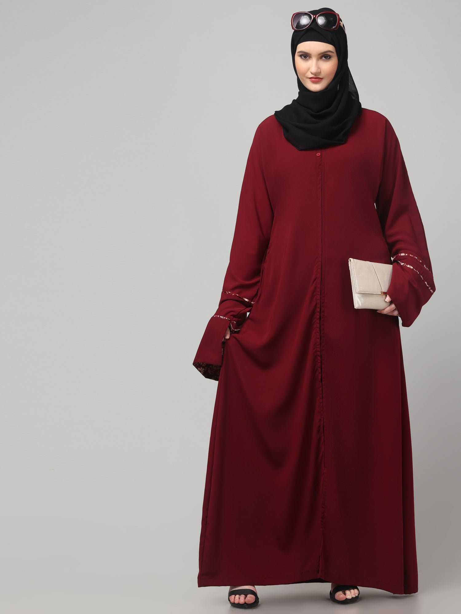 Elegant Maroon Abaya with Embroidered Bell Sleeves